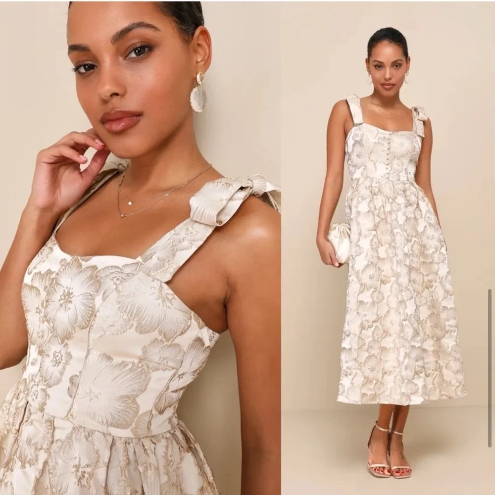 Lulu’s Cream & Gold Floral Jacquard Tie Strap Pockets Full Skirt MIDI Dress, S - Picture 3 of 14